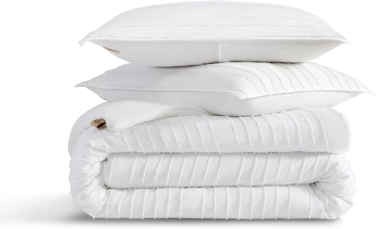 UGG Textured Twin Comforter Set - 2 Piece Striped Bedding Set with Pillow Sham – Luxurious and Cozy Reversible White Bed Set for Bedroom & Dorm (Twin/Twin XL)