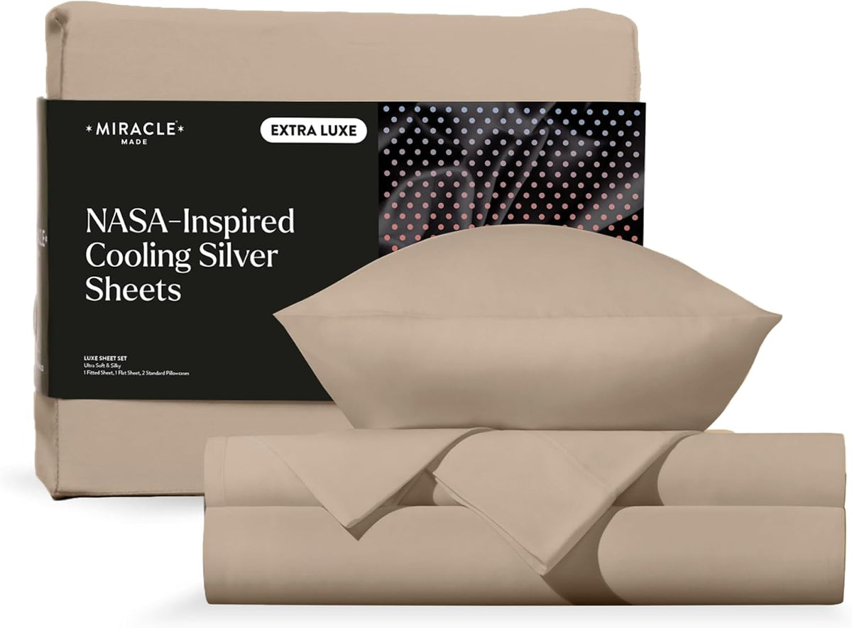Miracle Made Extra Luxe Soft, Cool-to-the-Touch Cotton Bed Sheet Set, 4-Piece – Silver-Treated, Breathable, Lightweight Bedding – King Size, Sand