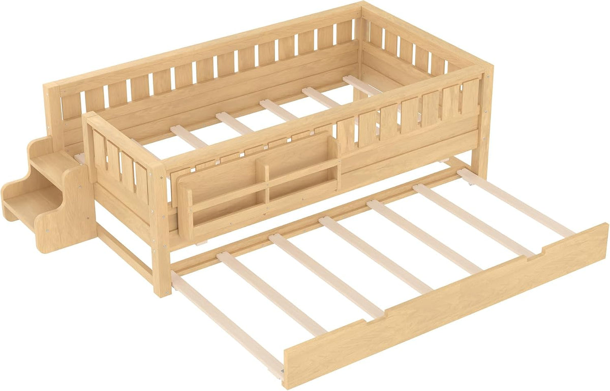 Bellemave Twin Bed with Trundle Twin and Stairs, Twin Size Platform Bed Frame with Fence and Bookshelf, Easy Assemble Beds for Kids, Girls, Boys, Light Natural