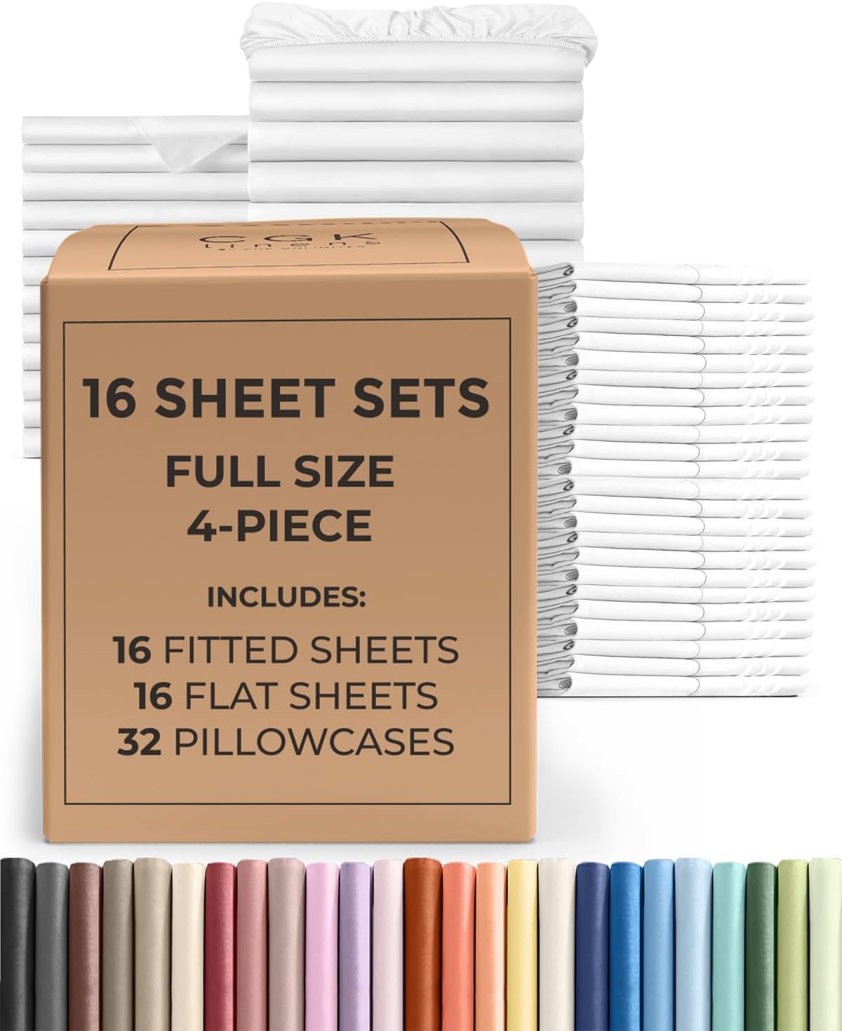 Bulk Case Pack of 16 Sheet Sets - (16) Complete Sheet Sets - Bulk Full Bedding - Wholesale Case Pack for Hotels, Spa & Airbnbs - Deep Pocket, Fade & Wrinkle Free - Cooling & Breathable - Full, White