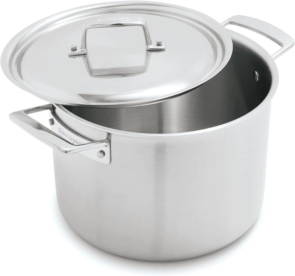 Demeyere Essential 5-ply, 18/10 Stainless Steel, Stay Cool Handle, Oven Safe, Compatible with all Cooktops, Perfect Pour Edge, 8-qt Stock Pot with Perfect Fit Lid