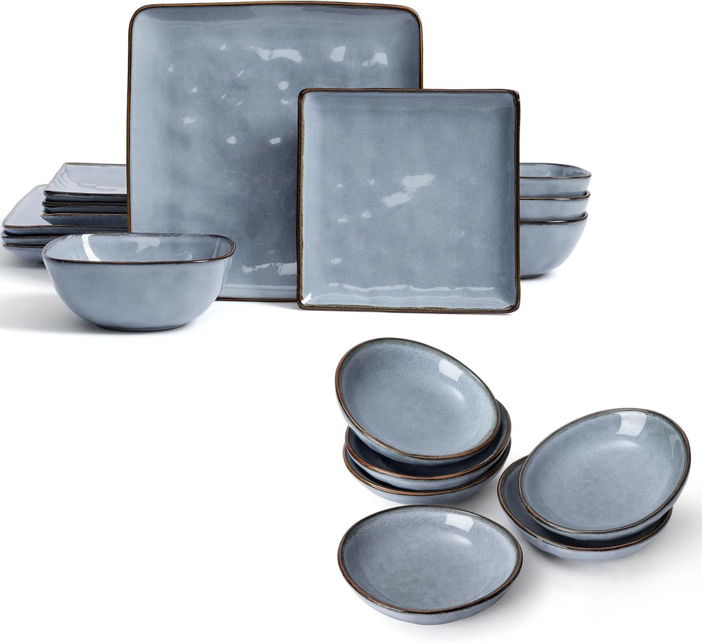 Famiware Ocean Square 12 Pieces Dinnerware Set + 6 Pieces Oval Dipping Bowl Set, Microwave and Dishwasher Safe, Blue