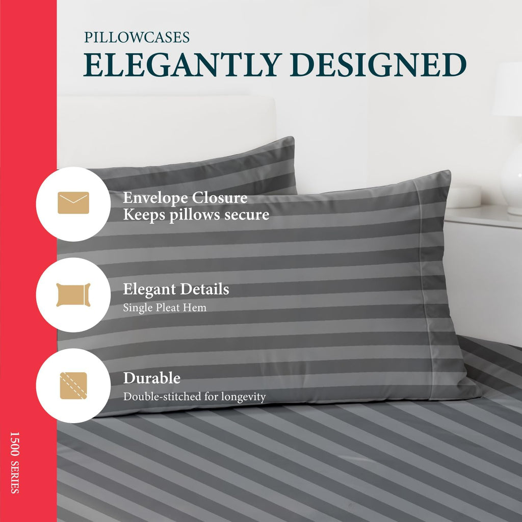 100% Egyptian Cotton Sheet Set Queen Size - Luxury 1500 Series Prestige Collection Damask Queen Sheet Set (4 PC, Dark Grey Stripe), Soft Cooling, Sateen Weave Sheets, 17' Deep Pocket