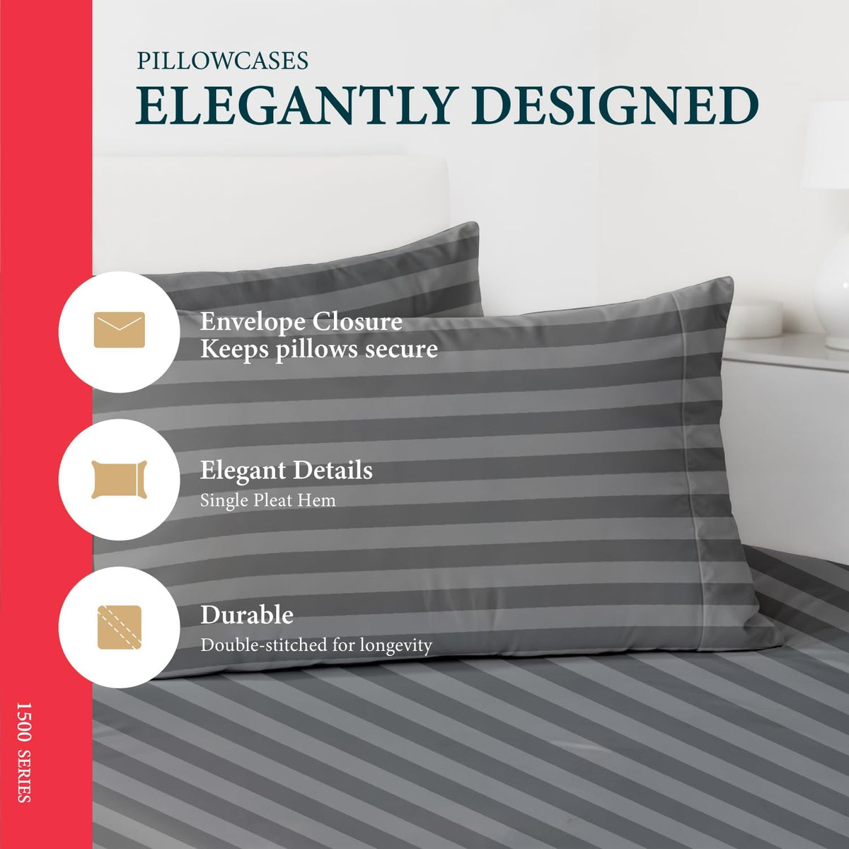 100% Egyptian Cotton Sheet Set Queen Size - Luxury 1500 Series Prestige Collection Damask Queen Sheet Set (4 PC, Dark Grey Stripe), Soft Cooling, Sateen Weave Sheets, 17' Deep Pocket