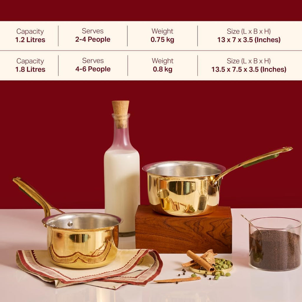 P•TAL Brass Saucepan 1.2 Qts with Insulated Heat-Resistant Handle | Tin Coated, Chemical-Free and Non-Stick Tea Pan (Free 30ml Copper & Brass Cleaning Solution)
