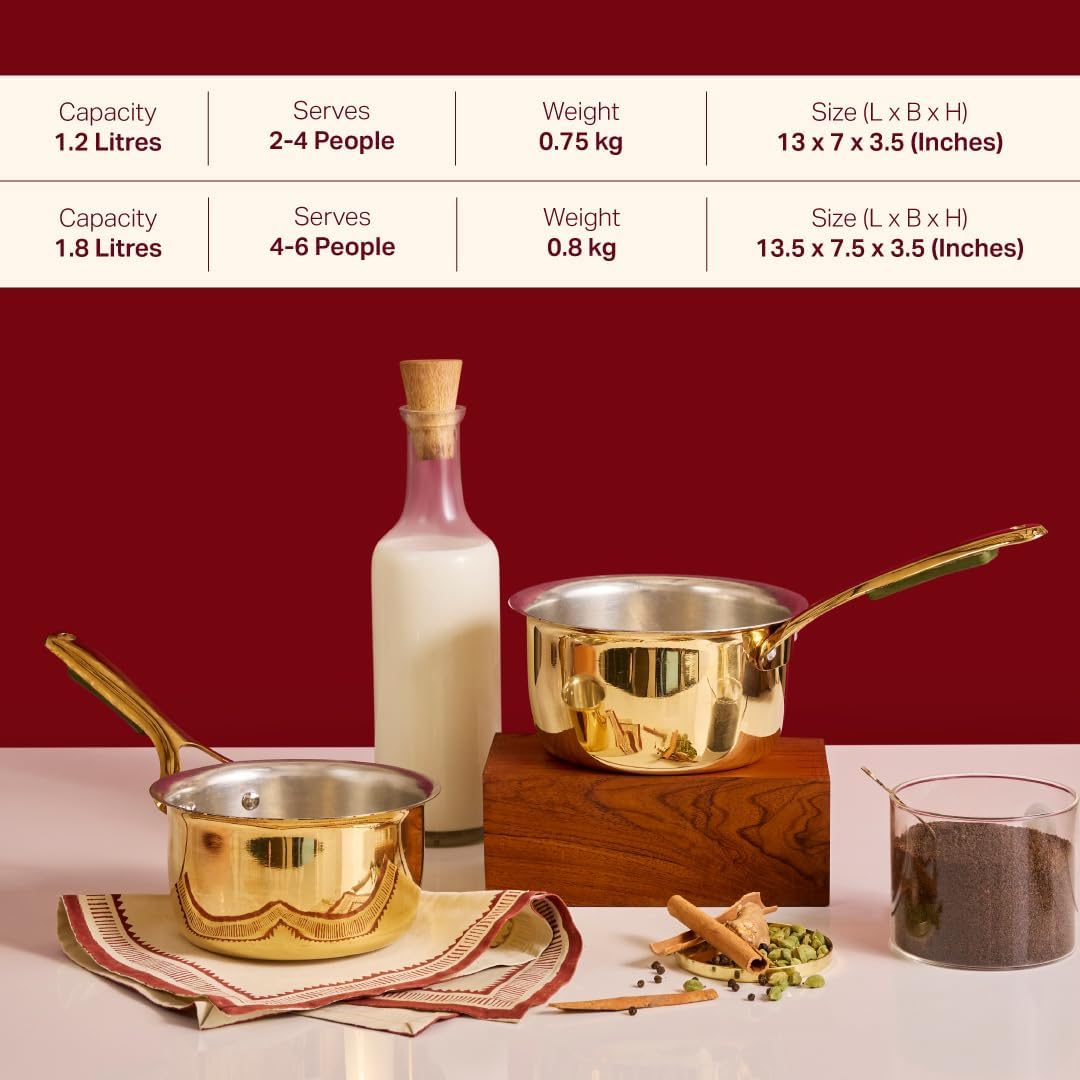 P•TAL Brass Saucepan 1.2 Qts with Insulated Heat-Resistant Handle | Tin Coated, Chemical-Free and Non-Stick Tea Pan (Free 30ml Copper & Brass Cleaning Solution)