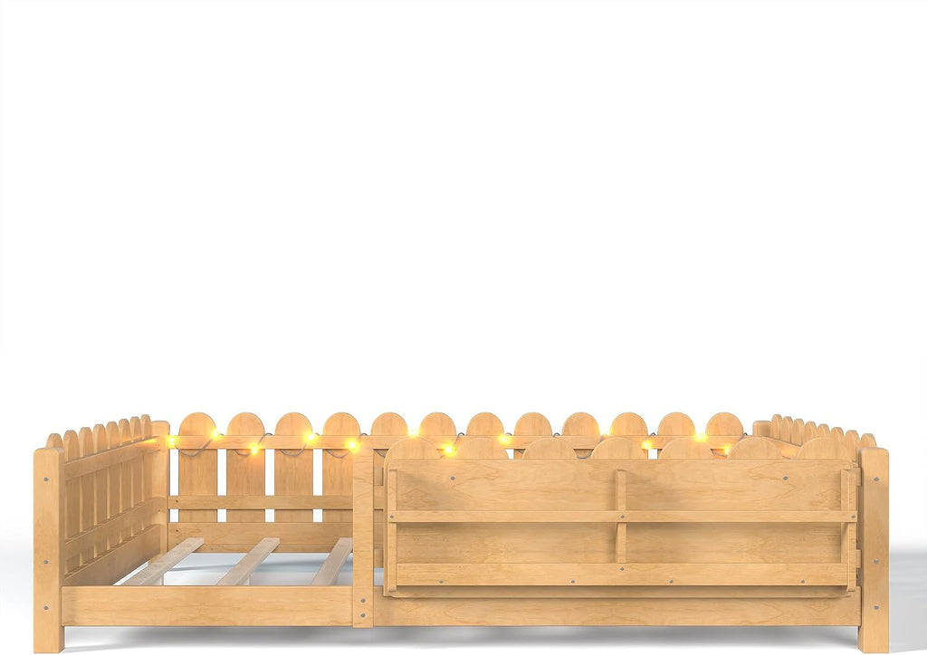 Bellemave Queen Size Floor Bed with Rails and Slats, Queen Size Montessori Floor Bed with Bookshelf, Fence and Lights, Low Profile Montessori Beds Frame for Girls, Boys, Light Natural