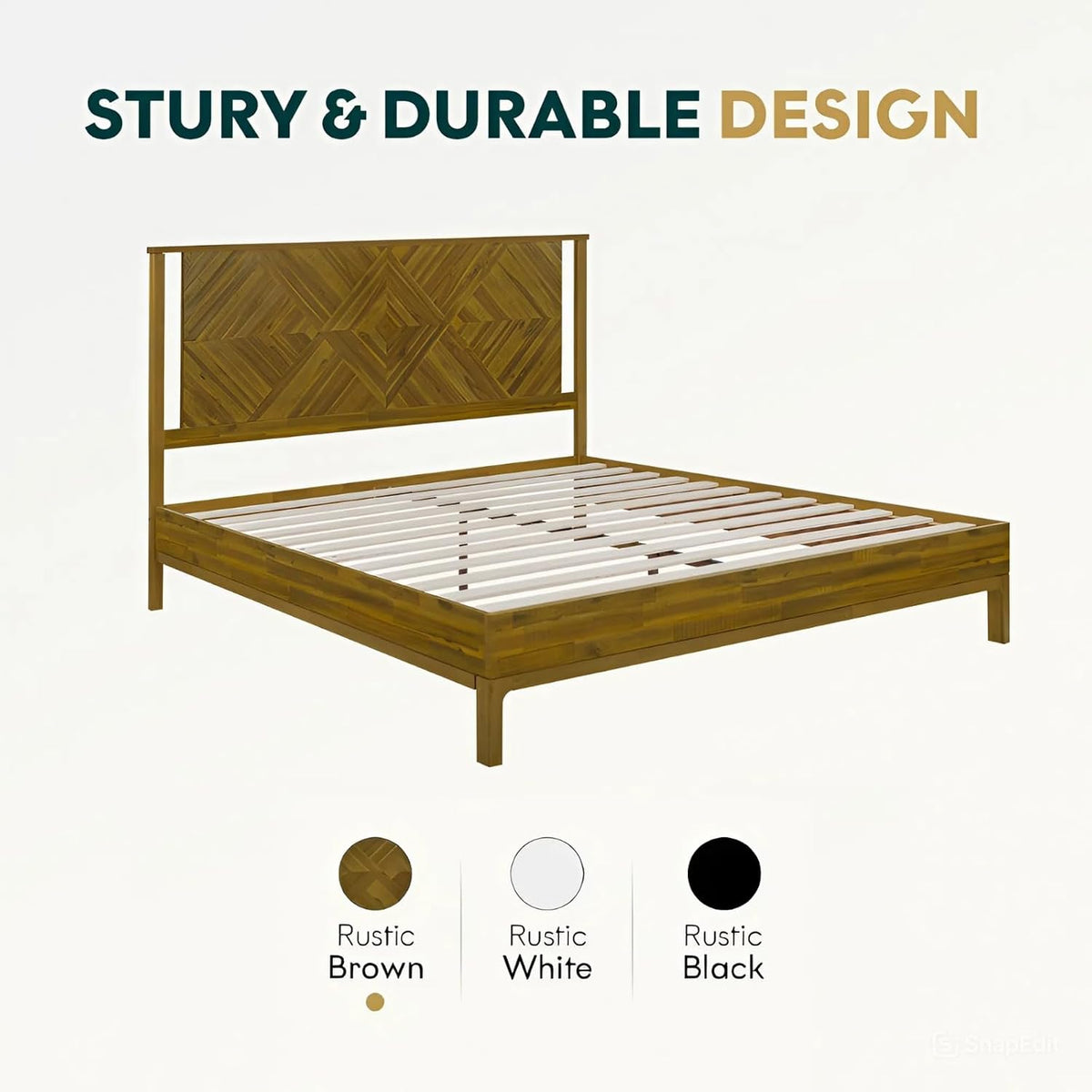 Bme Ethan Solid Wood King Bed Frame with Diamond Headboard - Rustic & Mid-century Modern - Acacia Wood Platform Bed - Compatible with All Mattresses - No Box Spring Needed - Rustic Brown