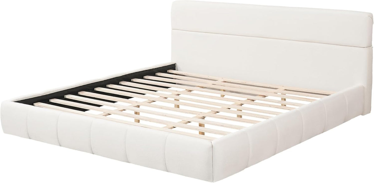 JIJIWANG King Size Upholstered Platform Bed Frame with Soft Boucle Fabric Headboard, Wooden Slats Support, No Box Spring Needed,Easy Assembly, White