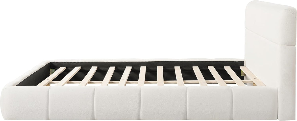 JIJIWANG Queen Size Upholstered Platform Bed Frame with Soft Boucle Fabric Headboard, Wooden Slats Support, No Box Spring Needed,Easy Assembly, White