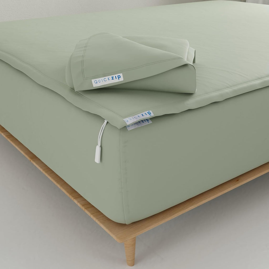 QuickZip Fitted Plus Spare Bundle: 1 Fitted Sheet (Base + Zip Sheet) & 1 Zip Sheet - Easy to Change, Won't Pop Off - Soft Percale 400 TC 100% Cotton - 13.5' Deep Pockets RV Queen Size – Moss Green