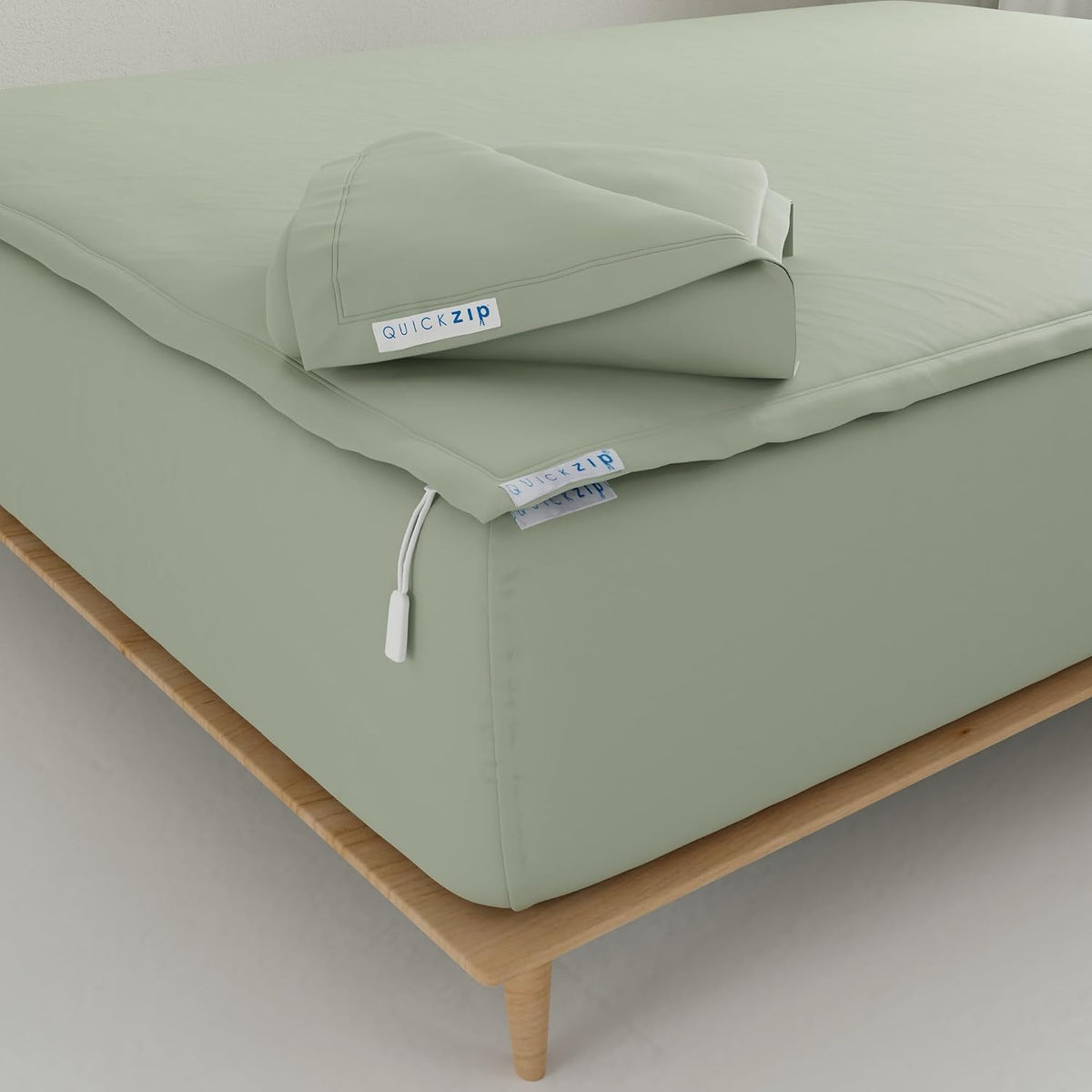 QuickZip Fitted Plus Spare Bundle: 1 Fitted Sheet (Base + Zip Sheet) & 1 Zip Sheet - Easy to Change, Won't Pop Off - Soft Percale 400 TC 100% Cotton - 13.5' Deep Pockets RV Queen Size – Moss Green
