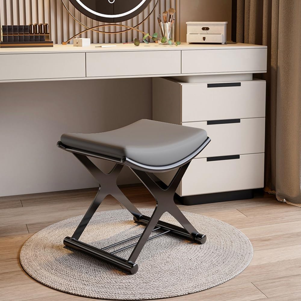 Small Vanity Stool with Cushion, Backless PU Leather Stool for Makeup, Entryway Bench for Ergonomic Curve, Modern Shoe Bench for Piano Room, Entryway and Makeup Room(Black)