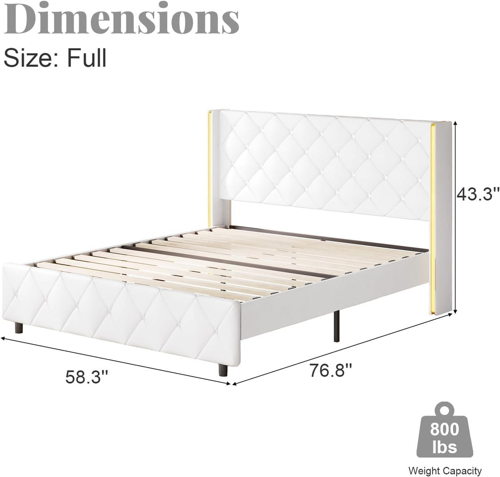 HOMBCK Full Bed Frame with Headboard, PU Leather Platform Bed with Wingback, Modern Bed Frame with Diamond Tufted, No Box Spring Needed, Easy Assembly, White