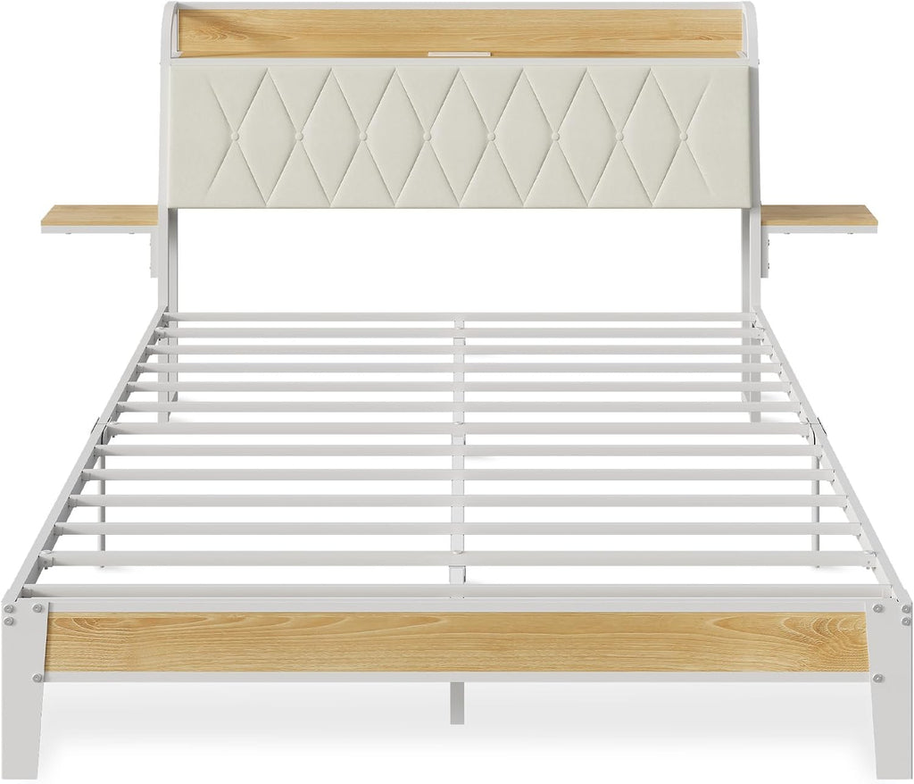 WLIVE Queen Bed Frame with Headboard, Upholstered Bed Frame with 2 Storage Shelves, Platform Bed with LED Lights and Charging Station, 1500LBS Mattress Foundation, No Box Spring Needed, Beige