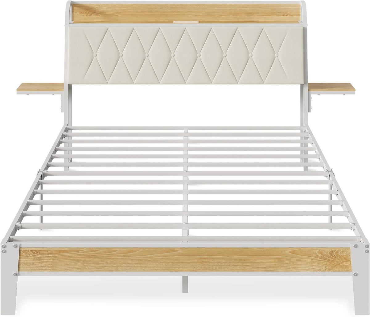 WLIVE Queen Bed Frame with Headboard, Upholstered Bed Frame with 2 Storage Shelves, Platform Bed with LED Lights and Charging Station, 1500LBS Mattress Foundation, No Box Spring Needed, Beige