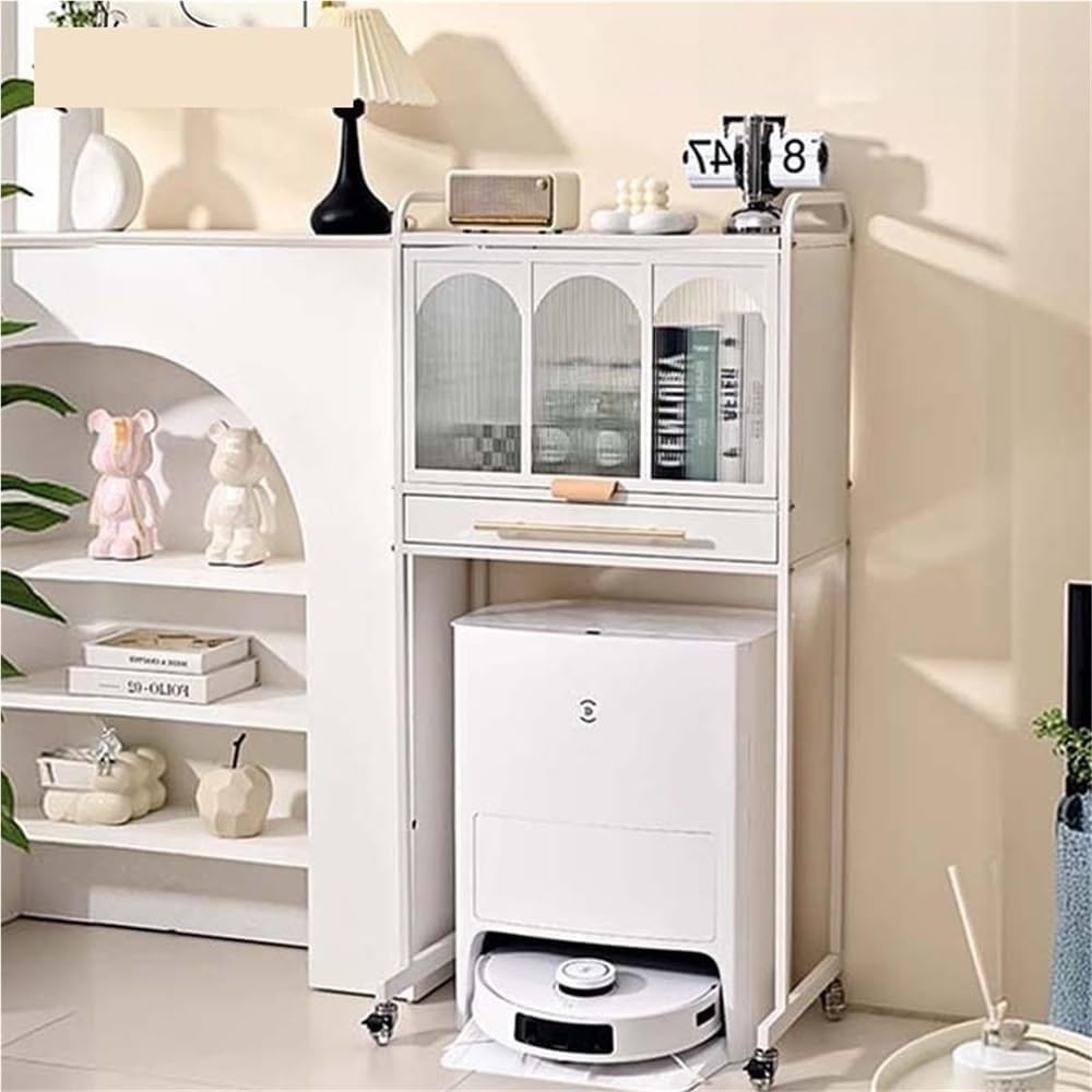 Metal Storage Cabinet with Drawers and Wheels Robot Vacuum Stand with Open Base - Tall Narrow Cabinet for Living Room Kitchen Long Lasting