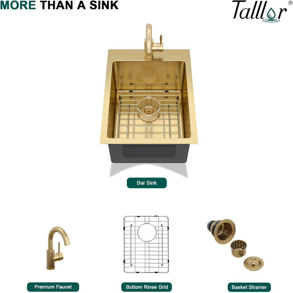 15 x 20 Inch Gold Drop In Bar Sink with Faucet, 16 Gauge 304 Stainless Steel Single Bowl Sink with Gold Finish for Kitchen Bars, RV, and Boat #TLT-0031