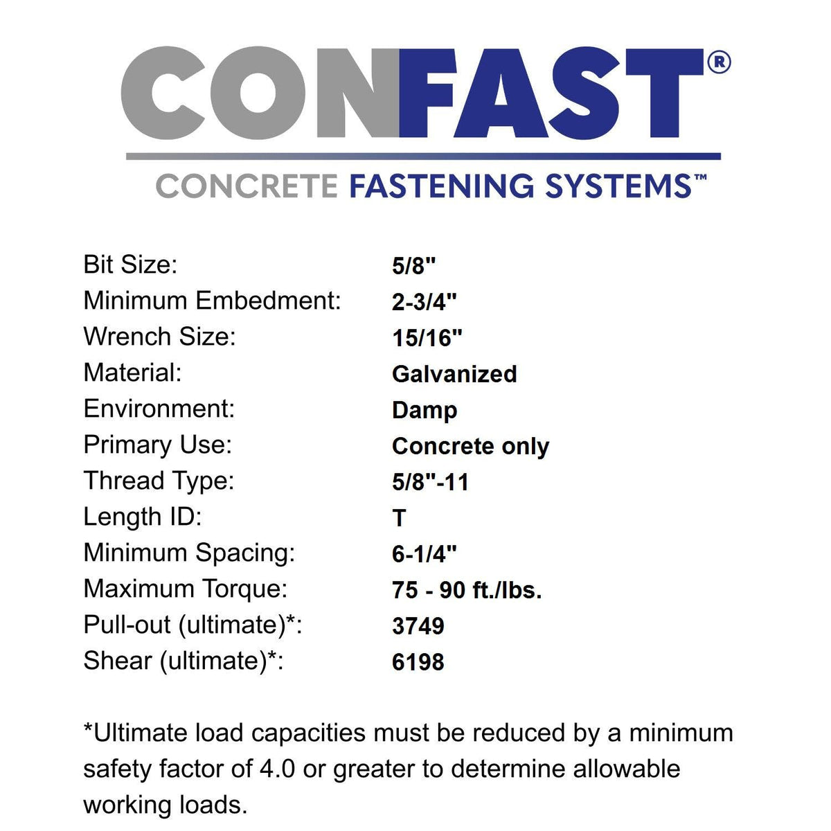 CONFAST 5/8' x 12' Galvanized Wedge Anchor (Box of 10)