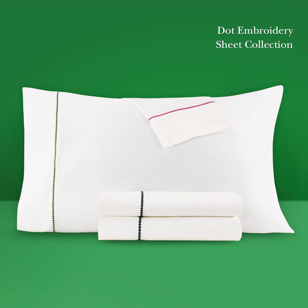 kate spade new york Dot Queen Sheet Set, 300 Thread Count and 100% Cotton, All Season 4 Piece Bedding Set, Machine Washable, White and Green