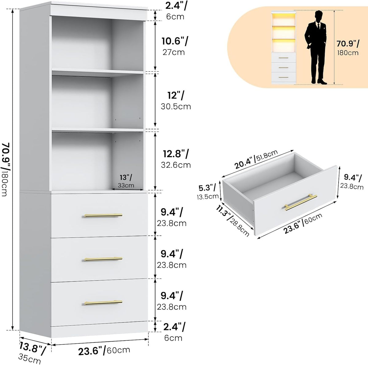 Winkalon 71'H White Bookshelf with LED Light, Bookcase and Bookshelf with Drawers, Tall Bookcase Tall Storage Cabinet 3-Tier Open Shelves for Home Office Living Room Hallway, 13.8'D x 23.6'W x 70.9'H