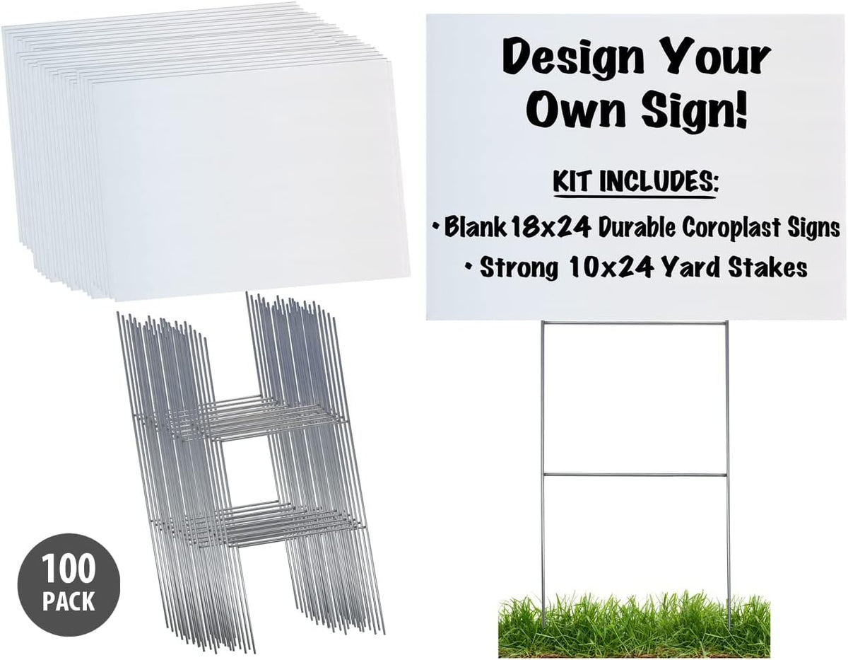Durable Blank Corrugated White Yard Sign Kit Includes 100 Each: Large 18x24 Signs and Strong Galvanized Steel Double H 10x24 Yard Stakes - Pack of 100 18x24 Signs with Yard Stakes