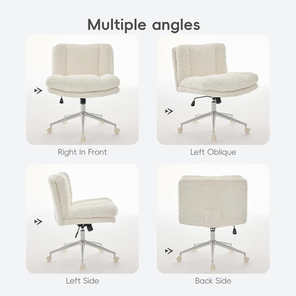 Upgraded Plush Faux Fur Criss Cross Office Vanity & Desk Chair with White Metal Base – Extra-Wide Seat & Tilt Backrest, Adjustable Swivel Makeup Chair for Bedroom, Study & Home Office, Cream