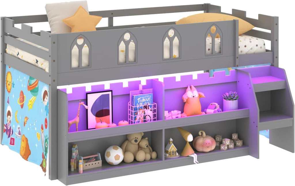 JOYMOR Low Loft Bed with LED Lights, Twin Loft Bed with Stairs, Safety Guardrail, Curtain, Wooden Bed Frame for Kids with Storage Bookcase and Under-Bed Play Space (Gray)
