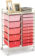 LUARANE Rolling Cart with 15 Drawers, Craft Storage Cart with Portable Handles & Lockable Wheels, Mobile Toys Organizer, Large Capacity Utility Drawer Cart Home Office School Teacher (Gradient Pink)