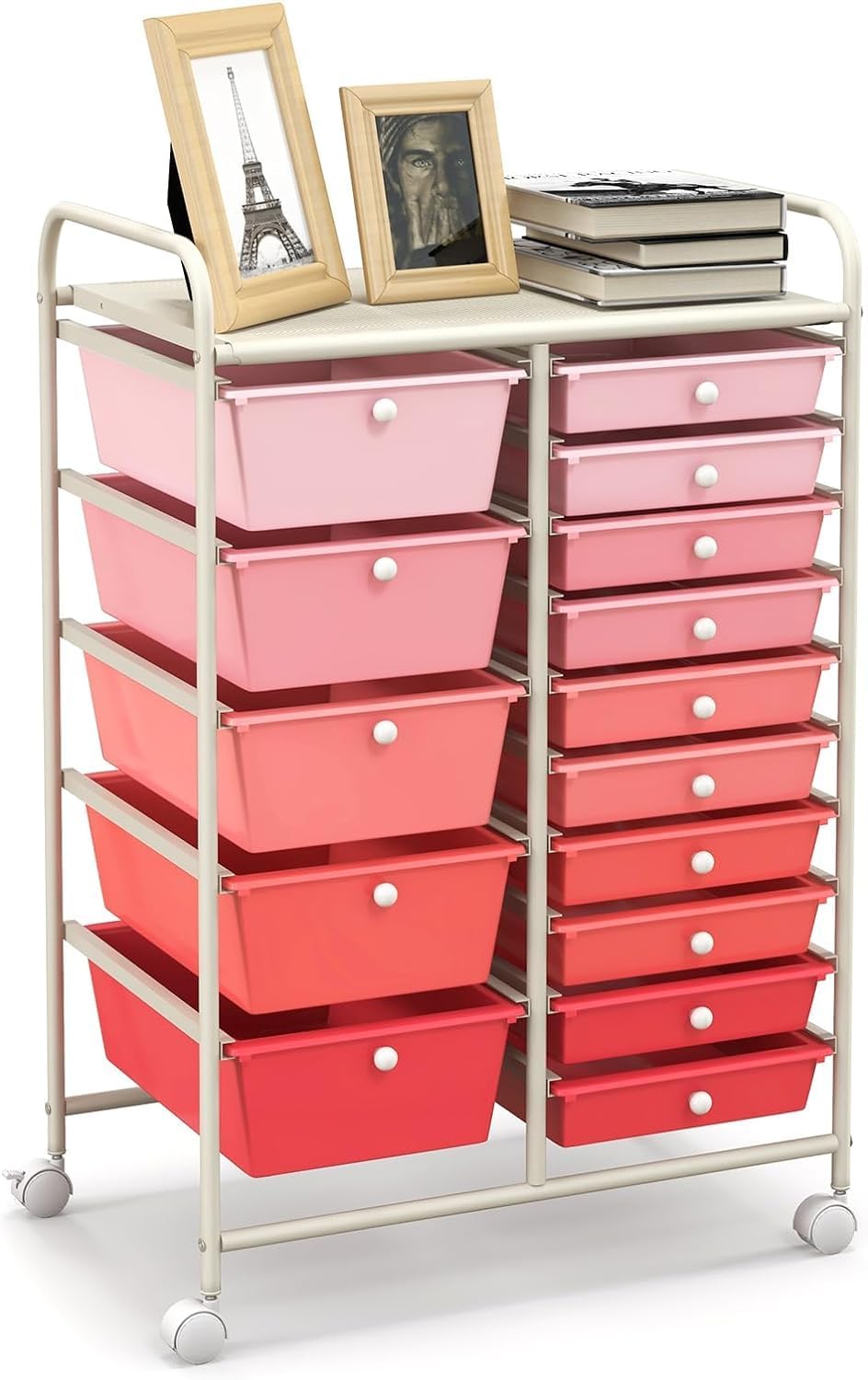 LUARANE Rolling Cart with 15 Drawers, Craft Storage Cart with Portable Handles & Lockable Wheels, Mobile Toys Organizer, Large Capacity Utility Drawer Cart Home Office School Teacher (Gradient Pink)