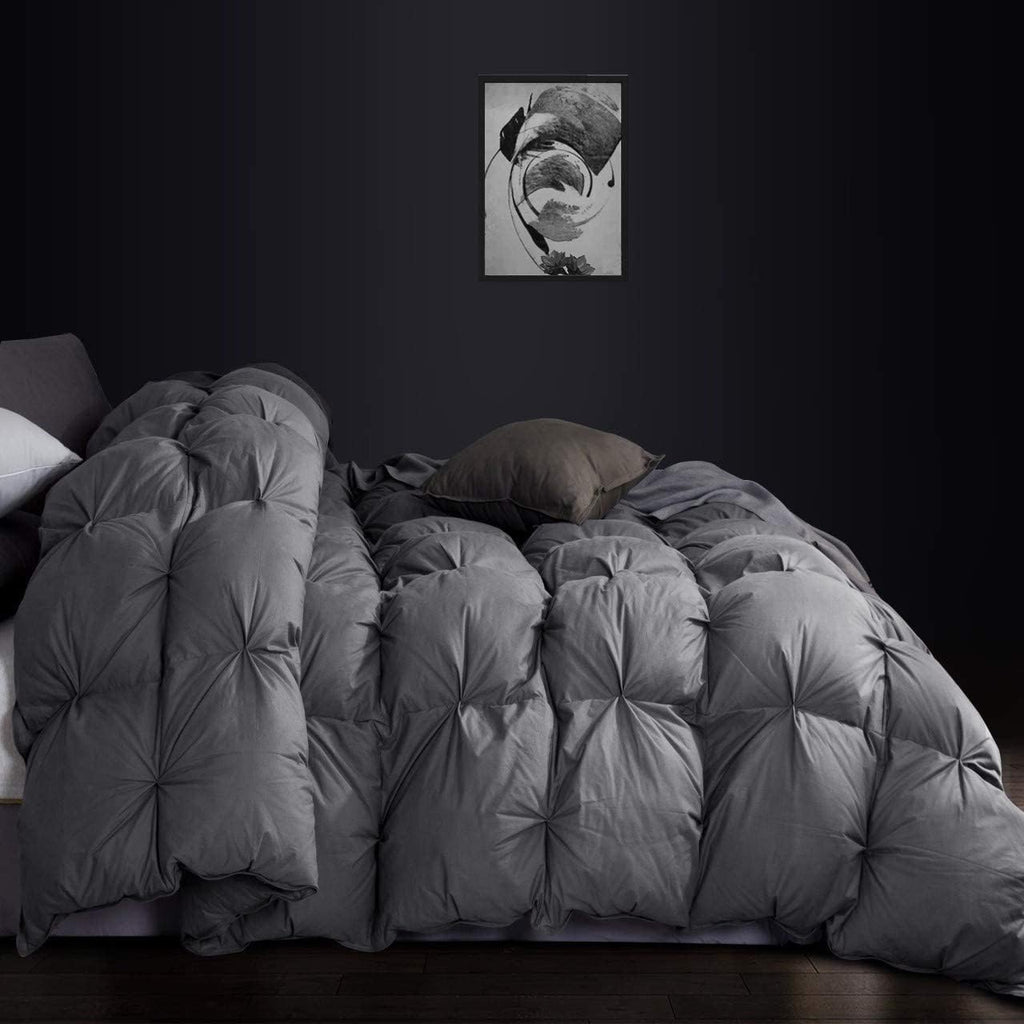 Luxurious All-Season Goose Down Feather Fiber Comforter Twin Size Duvet Insert, Exquisite Pinch Pleat Ruffled Twisted Flower, Premium Baffle Box, 100% Egyptian Cotton Cover, 50 oz. Fill Weight, Gray