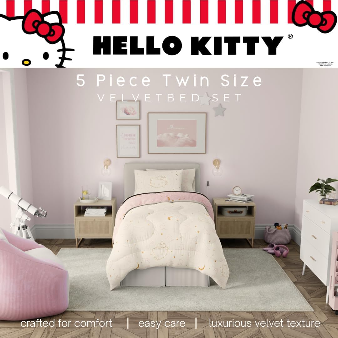 Lux Hello Kitty Velvet Bedding 5 Piece Super Soft Cozy Reversible Comforter and Sheet Set with Sham & Tote Bag, Twin, (Officially Licensed Product) By Franco