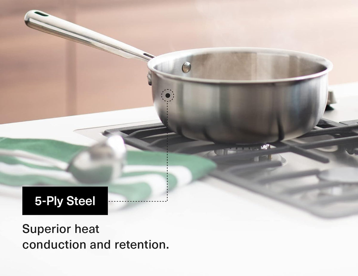 Misen 5-Ply Stainless Steel Saucier with Lid– Induction-Compatible Pan with Curved Sides for Smooth Stirring - Oven Safe to 800F – Even Heat Distribution & Ergonomic Handle - 2 QT