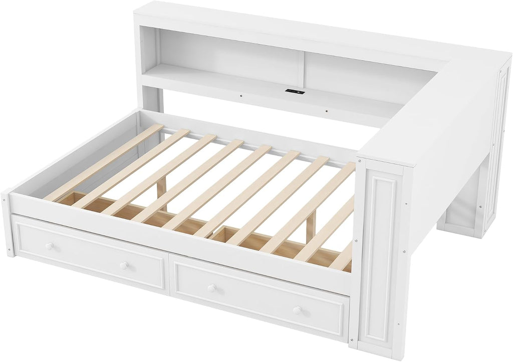 SOFTSEA Full Size Corner Bed with Drawers & Bookcase, L-Shaped Daybed with LED Lights & USB Ports, Wood Reversible Day Bed Frame with Storage Headboard for Kids Teens Bedroom, White