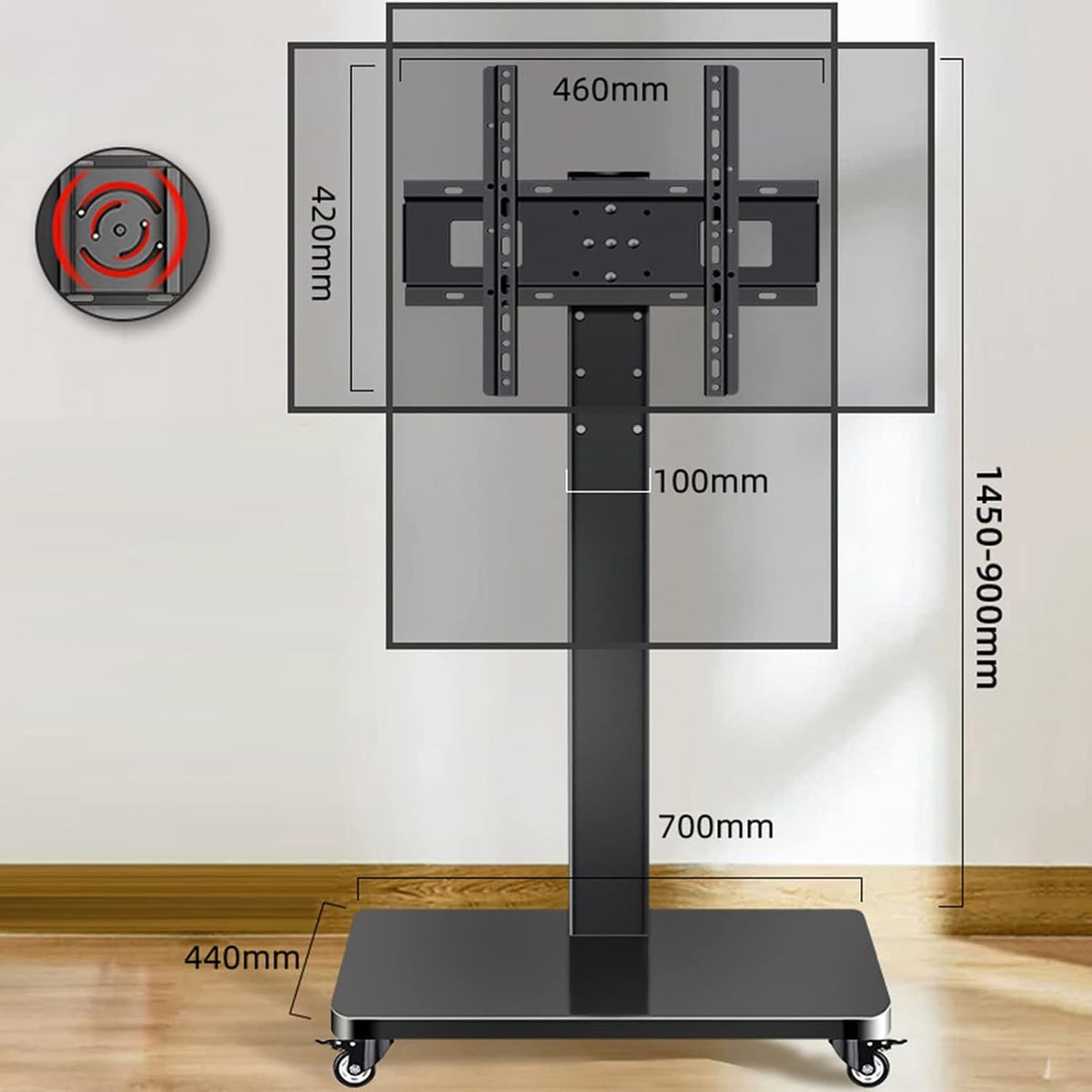 Mobile TV Cart Rolling TV Stand with Wheels - for 32-60 Inch Portable Floor TV Stand Base Trolley, 0-90° Horizontal and Vertical Screen Switching Mobile TV Cart, Holds Up