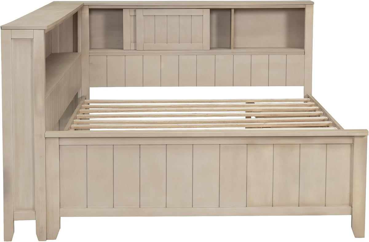 Merax Corner Full Bed Frame with Bookcase Storage, Wood Platform Bed Frame with 3 Drawers, Full Size Daybed with Storage for Living Room,Bedroom,Guest Room, Antique White