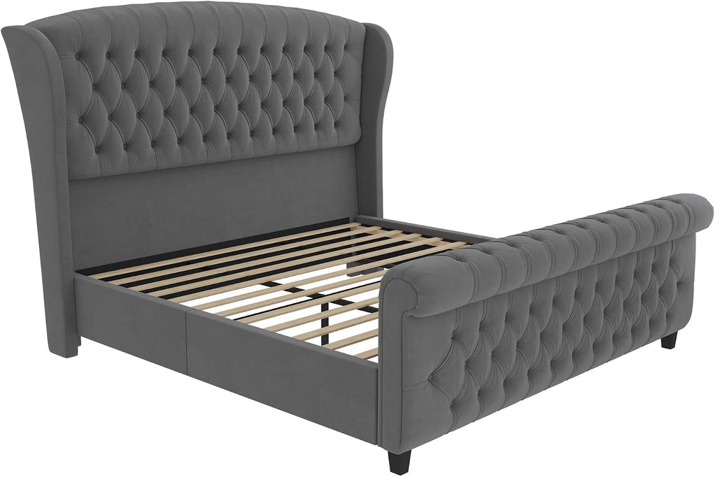 LUXOAK King Size Platform Bed Frame, Velvet Upholstered Sleigh Bed with Curved Headboard & Footboard, Deep Button Tufted, Wood Slats Support, No Box Spring Needed, Grey
