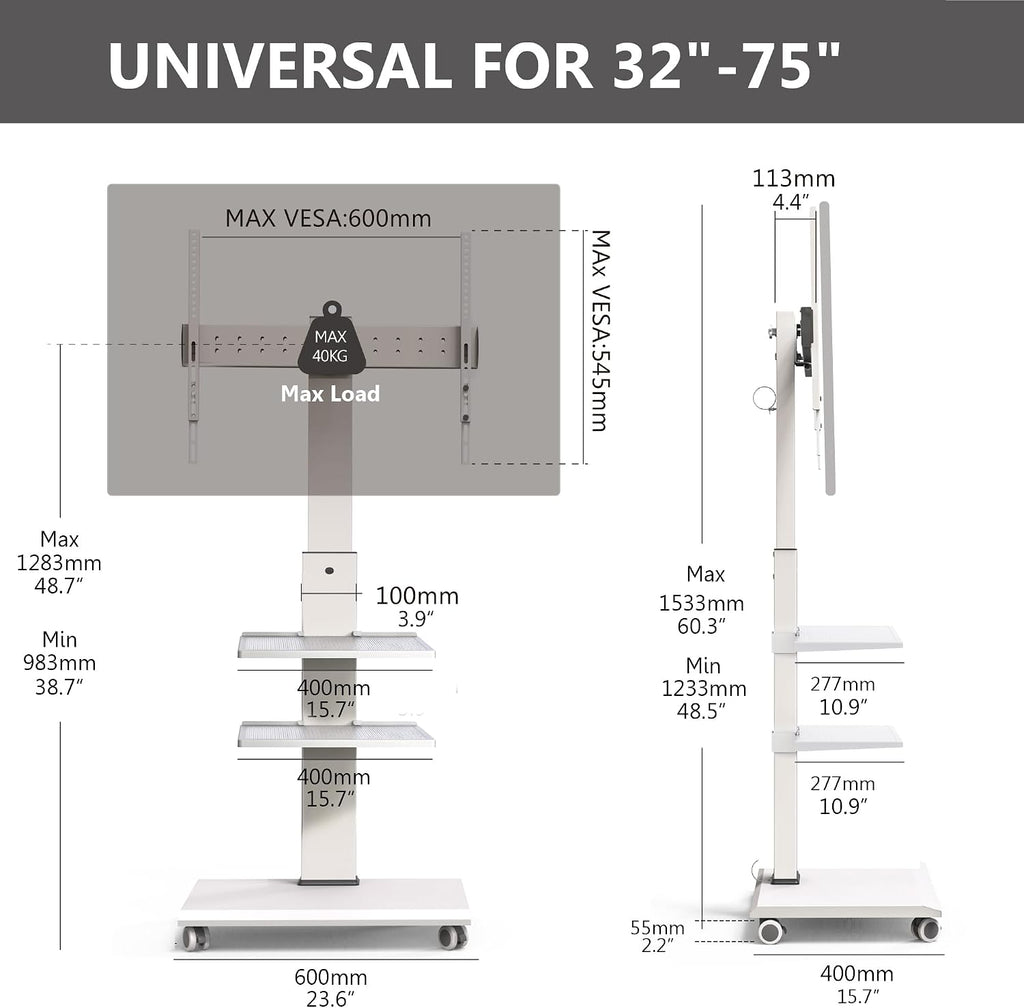 FITUEYES Rolling TV Stand for 32-75 Inch TVs - Height Adjustable Portable TV Stand on Wheels, 20 Degree Left/Right Swivel and 90 Degree Vertical and Horizontal Rotation up to 88lbs
