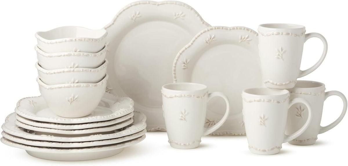 Heritage Beads 16pc Stoneware Dinnerware Set – Classic Cream White Plates, Bowls & Mugs with Raised Bead Accents – Elegant Vintage-Inspired Tableware, Service for 4, Dishwasher Safe