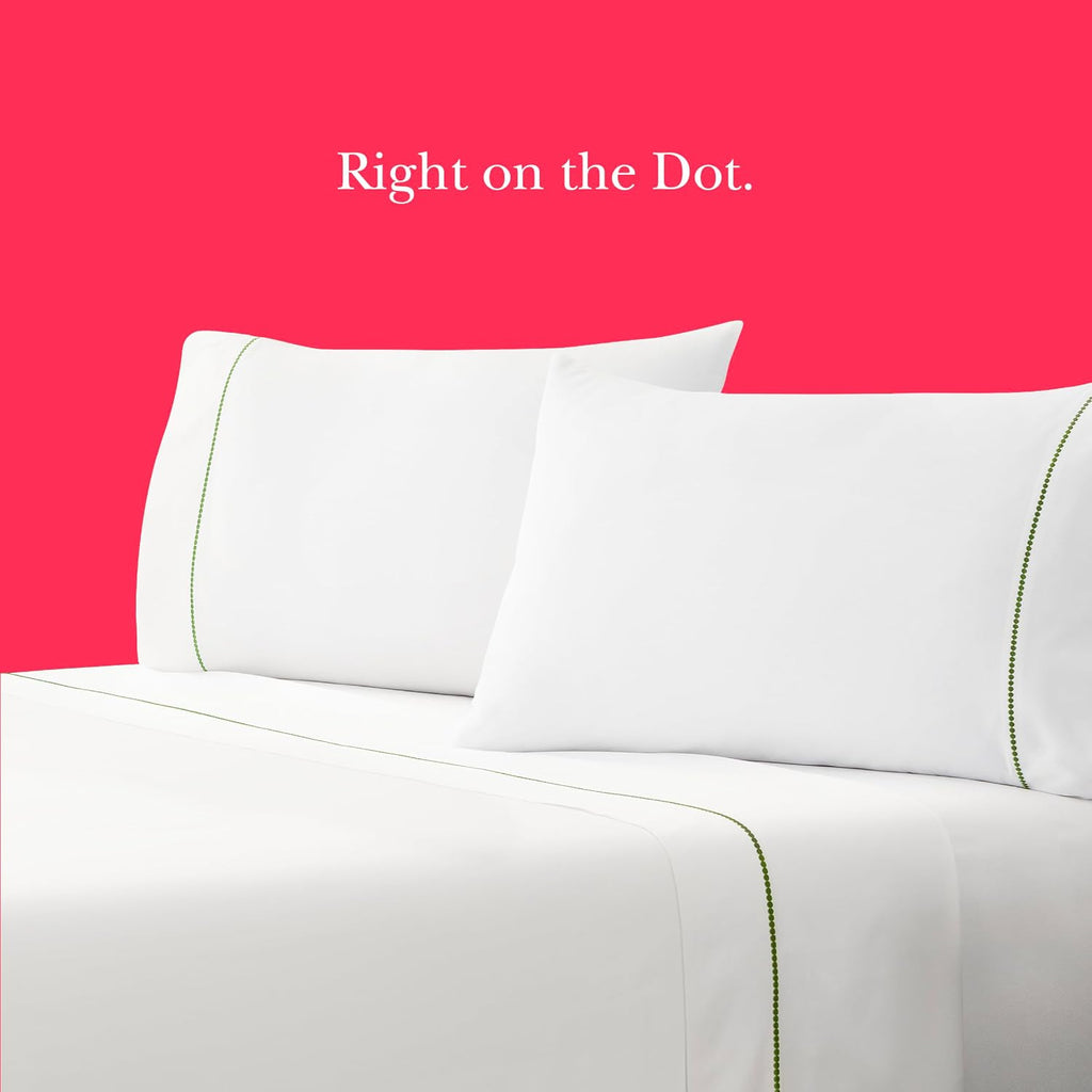 kate spade new york Dot Queen Sheet Set, 300 Thread Count and 100% Cotton, All Season 4 Piece Bedding Set, Machine Washable, White and Green