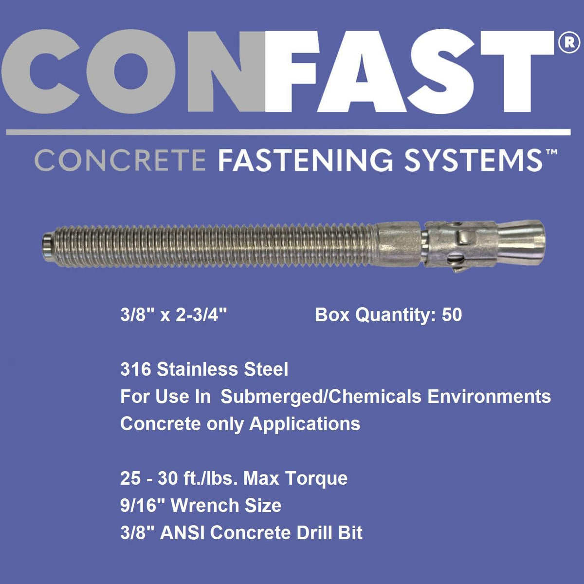 CONFAST 3/8' x 2-3/4' 316 Stainless Steel Wedge Anchor (50 per Box)