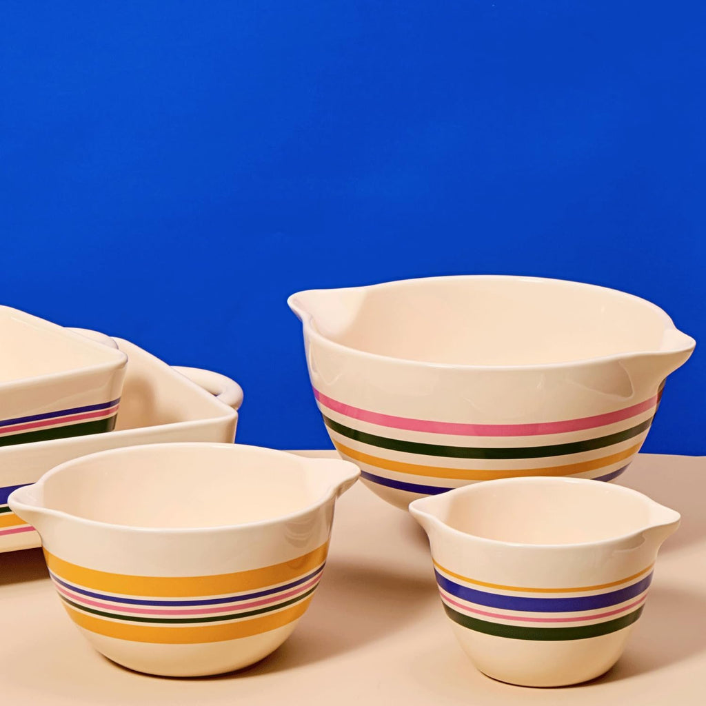 Great Jones Stir Crazy 3-Piece Stackable Ceramic Mixing Bowl Set (6.8', 9.1', 12') | Dishwasher, Freezer & Microwave Safe | Perfect for Baking, Serving & Mixing | Nestable for Easy Storage (Striped)