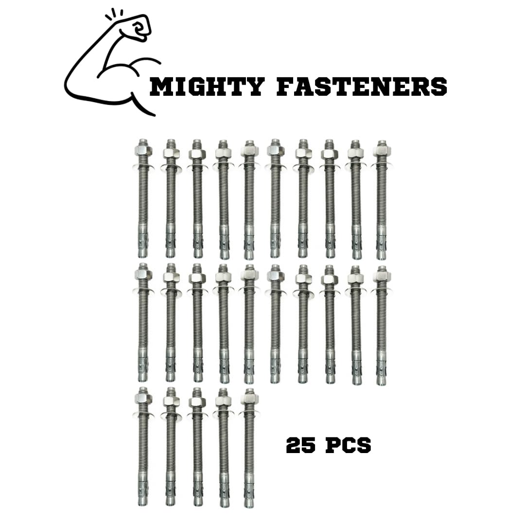 Mighty Fasteners Wedge Anchors – Heavy-Duty 304 Stainless Steel Expansion Bolts for Concrete & Masonry, Rust-Resistant & Durable - 5/8' X 7' - 25 Pack