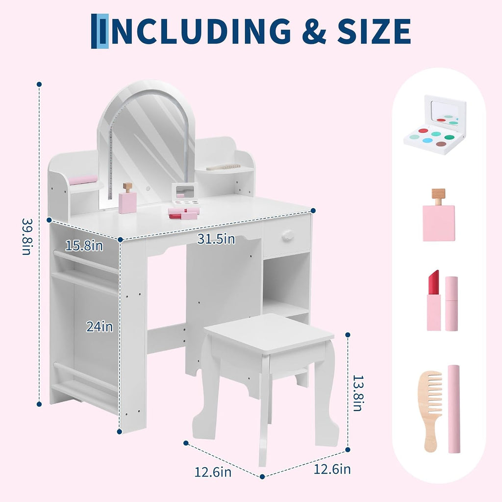Garvee Kids Vanity with Lighted Mirror & Stool, Little Girls Vanity and Wooden Makeup Playset with Adjustable LED Light, Bookshelf, Storage Drawer & Shelves for Girls 3-9, White