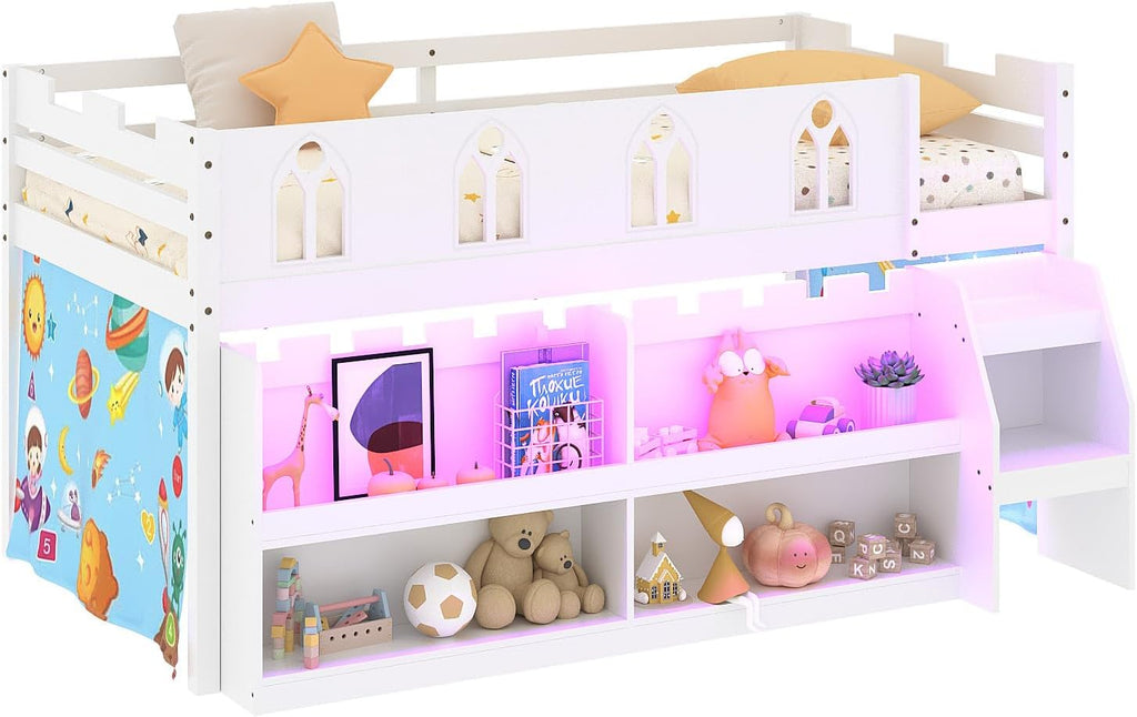 JOYMOR Low Loft Bed with LED Lights, Twin Loft Bed with Stairs, Safety Guardrail, Curtain, Wooden Bed Frame for Kids with Storage Bookcase and Under-Bed Play Space (White)