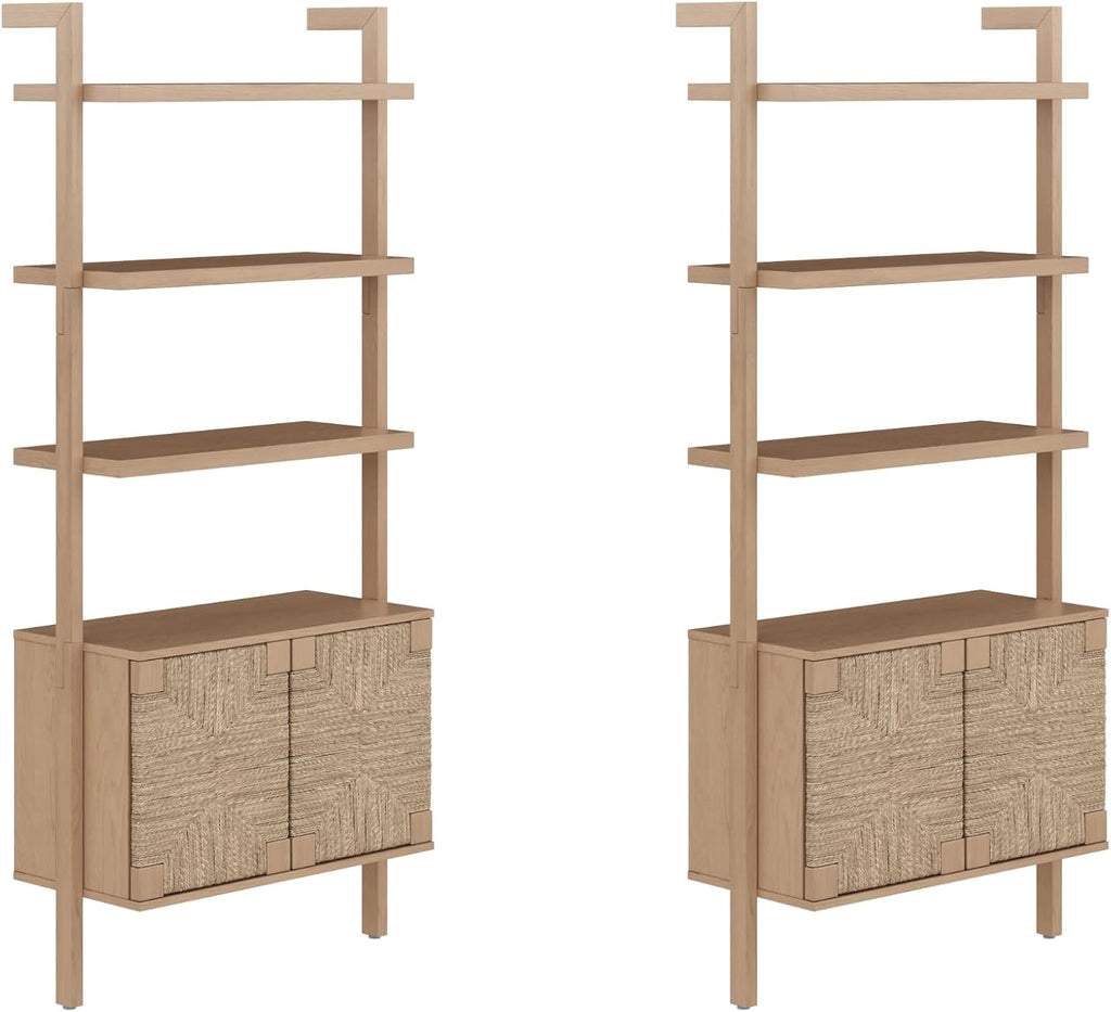 Nathan James Beacon 3-Shelf Bookcase with Seagrass Cabinet, Solid Wood Bookshelf with Storage with Solid Wood Frame, Seagrass/Raw Oak Set of 2