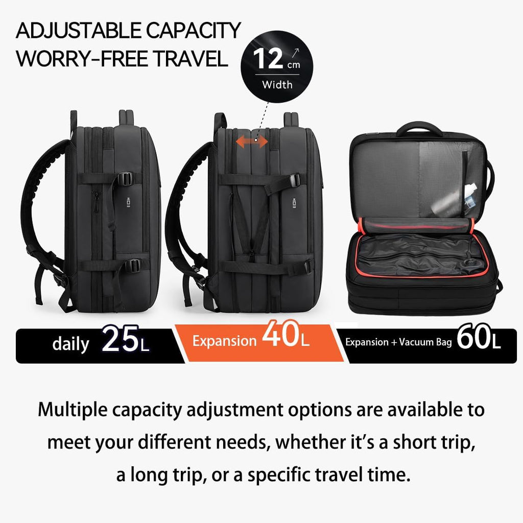 reeyee 18 Inch Large Laptop Backpack with Built-in Electric Vacuum Compression Bag, Expandable 25L-60L Travel Backpack for Men, No Pump Needed, Water Resistant Business Work Bag with USB/Type-C