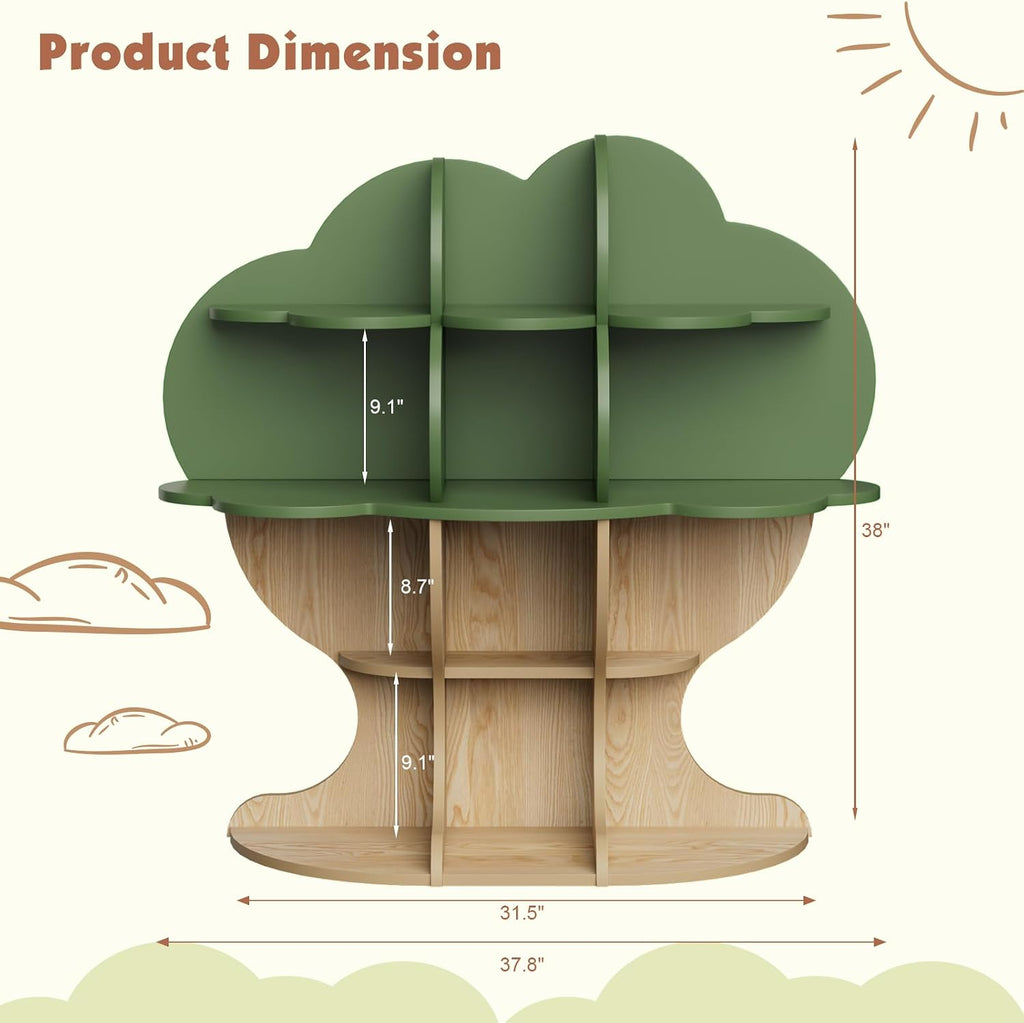Green Tree Kids Bookshelf Toddler Bookcase 4-Tier Baby Book Rack Children Toy Storage Organizer Forest Wood Display Shelf for Nursery Playroom Bedroom Classroom School Homeschooling Boy Girl's Gift