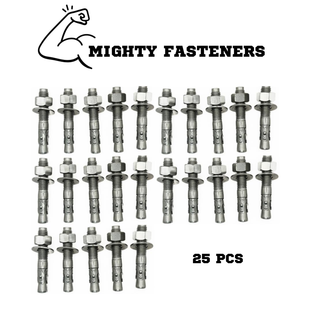 Mighty Fasteners Wedge Anchors – Heavy-Duty 304 Stainless Steel Expansion Bolts for Concrete & Masonry, Rust-Resistant & Durable - 5/8 X 3-3/4' - 25 Pack