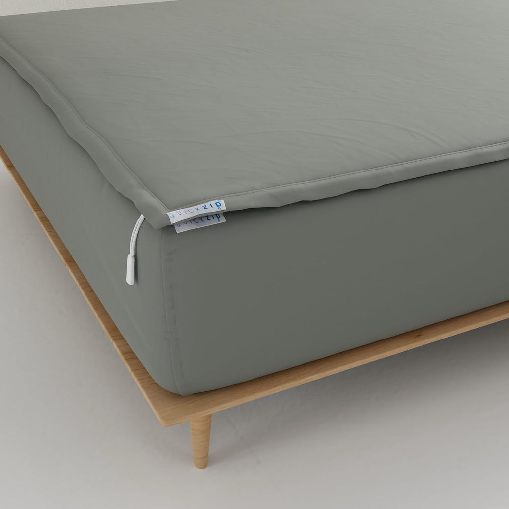 QuickZip Fitted Plus Spare Bundle: 1 Fitted Sheet (Base + Zip Sheet) & 1 Zip Sheet - Easy to Change, Won't Pop Off - Soft Sateen 400 TC 100% Cotton - 15' Deep Pockets RV King Size – Slate Gray